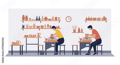 Pottery class scene with two people crafting ceramics in studio setting