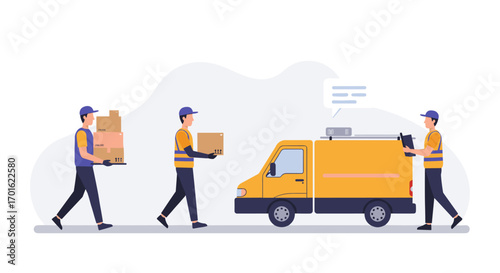 Delivery workers loading packages into courier van in modern flat design