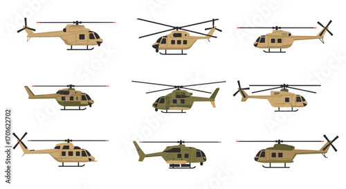 Collection of military helicopters in various designs on white background