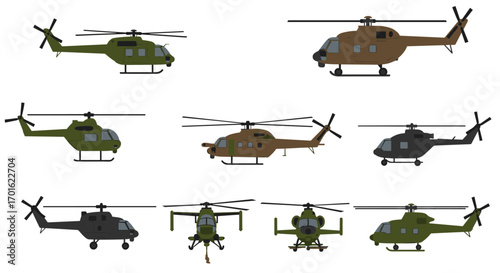 Military helicopters set in flat design with various models and colors