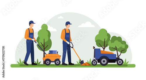 Gardeners working with lawn equipment in park setting