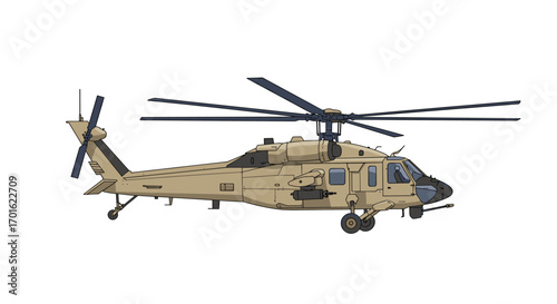 Detailed side view of a military helicopter in desert camouflage