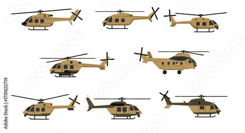 Military helicopters side view collection in flat design style