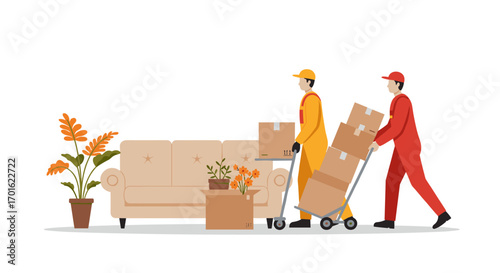 Professional movers in action with boxes and furniture for seamless relocation experience