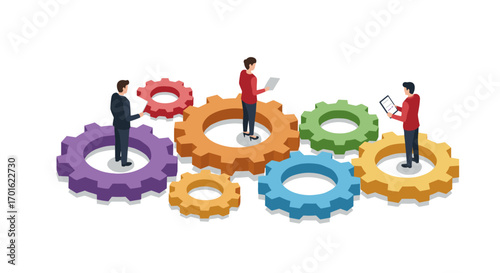Collaborative teamwork on colorful interlocking gears