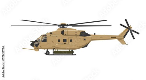 Detailed side view of military helicopter in flat design