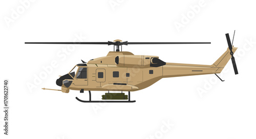 Military helicopter side view in flat minimalist design on white background