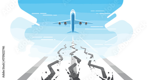 Airplane taking off from a runway with a cracked road below.