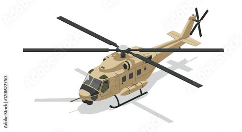Isometric military helicopter design with camouflage pattern on white background