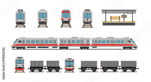 Flat style train icons and railway elements set for transport design projects