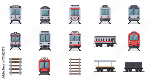 Diverse collection of flat style train icons and railroad elements
