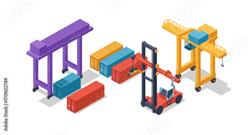 Isometric shipping containers and cranes in a modern port scene