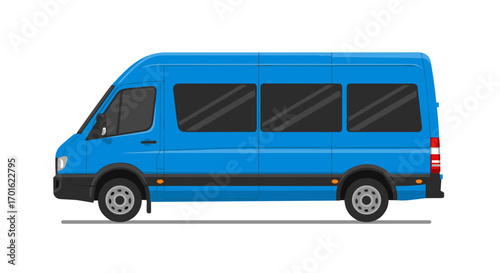 Blue minibus side view with large windows and black wheels on white background