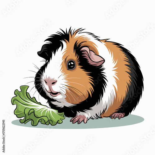 Cute Cartoon Guinea Pig Eating Lettuce