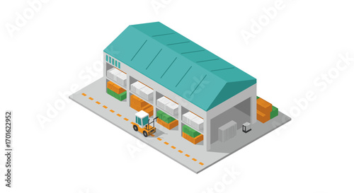 Isometric warehouse with shipping containers and forklift on white background