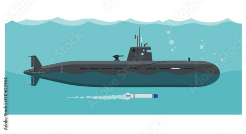 Modern submarine in ocean waters with torpedo in motion underwater