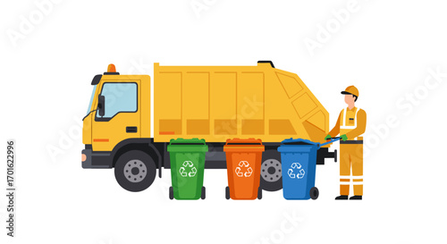 Flat design garbage truck and worker with recycling bins on white background