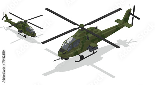 Military helicopter in isometric view with camouflage design