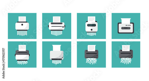 Set of flat paper shredder icons on teal background with modern design