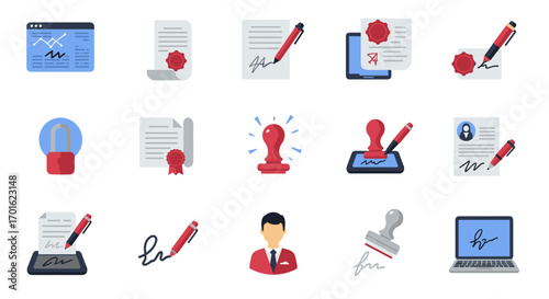 Digital signature and document icons collection in flat style