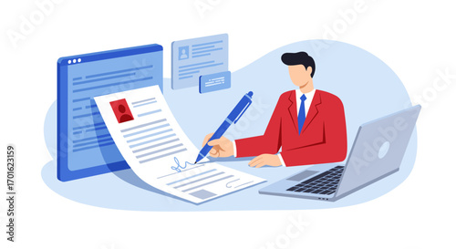Businessman signing document in modern office with digital elements and laptop