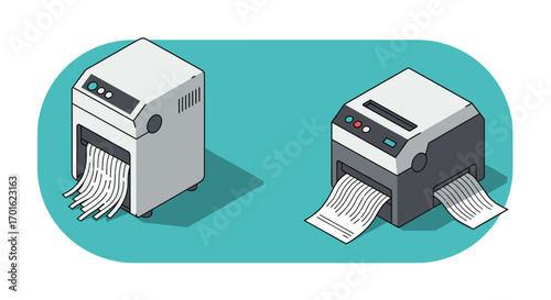 Isometric office paper shredders on teal background