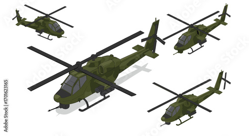 Isometric military helicopter set with multiple angles and green camouflage design