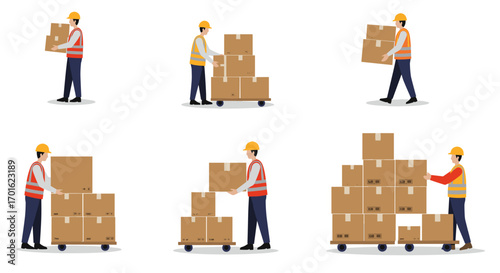 Workers moving boxes in warehouse, safety gear, flat design