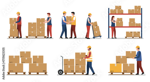 Warehouse team moving and stacking boxes in flat design