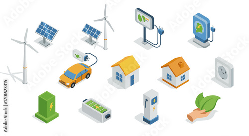 Renewable energy icons featuring electric car, solar panels, and wind turbines in isometric design