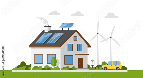 Sustainable home with solar panels and wind turbines in modern eco design