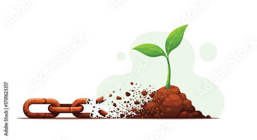 Broken chain transforming into a growing plant, symbolizing freedom and new beginnings.