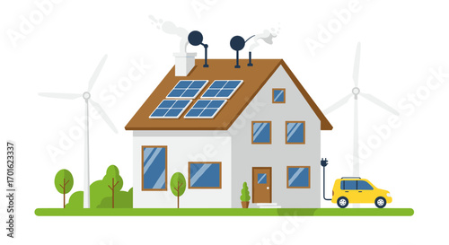 Eco-friendly smart home with solar panels and electric car charging
