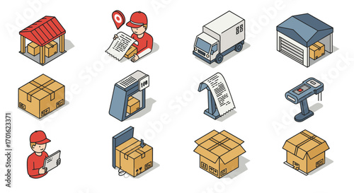Delivery and logistics icons featuring packages, couriers, and vehicles in modern isometric style