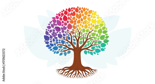 Colorful Tree of Life with Roots and Rainbow Leaves.