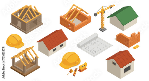Isometric construction elements and tools with building plans
