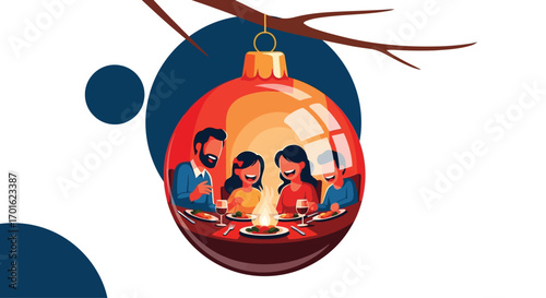 Christmas bauble reflecting a happy family dinner celebration.