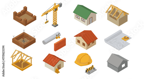 Isometric construction elements set: buildings, tools, and structures for design projects