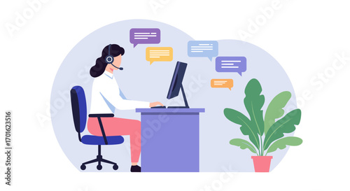 Customer service representative working at desk with headset and speech bubbles