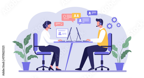 Remote customer support concept with professionals using laptops and headsets in a modern workspace
