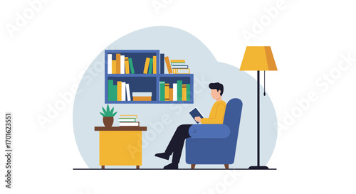 Cozy reading nook with armchair and bookshelf in modern flat design