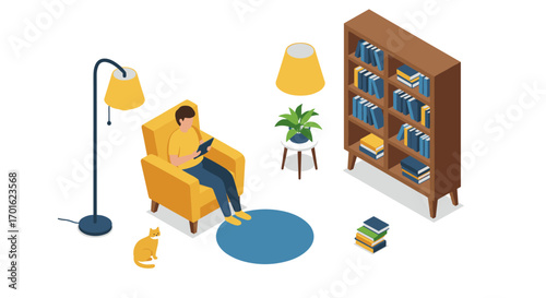 Cozy reading nook with bookshelves and cat featuring modern isometric design