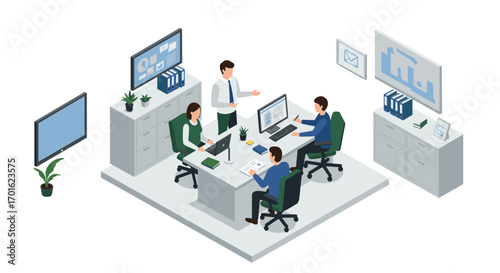 Modern isometric office workspace with team collaboration and digital technology