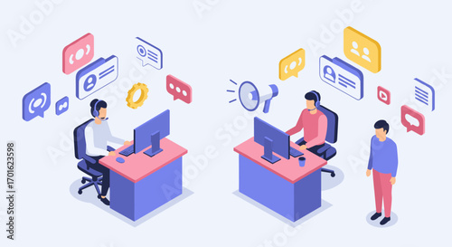Isometric customer service and digital communication concept with headset operators