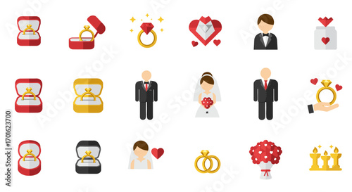 Wedding icons collection featuring rings, hearts, and bride and groom in flat style
