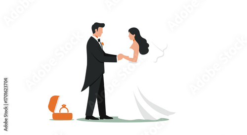 Elegant bride and groom holding hands with wedding ring box