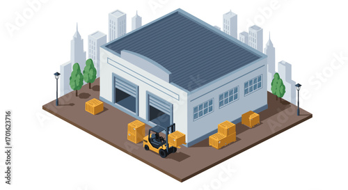 Isometric warehouse with forklift and boxes in urban setting