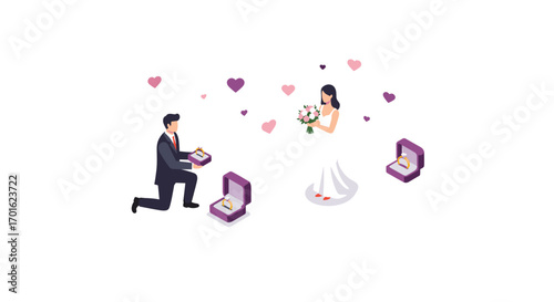 Isometric marriage proposal with ring box and hearts