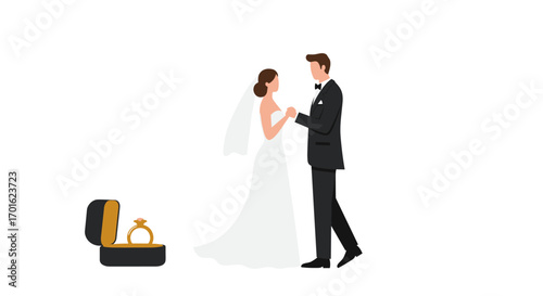 Elegant wedding couple and ring with black suit and white gown