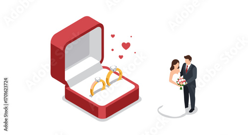 Isometric wedding scene with rings and couple in red box
